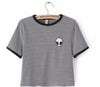 Striped Embroidery Aliens Bare Midriff Short Tee
